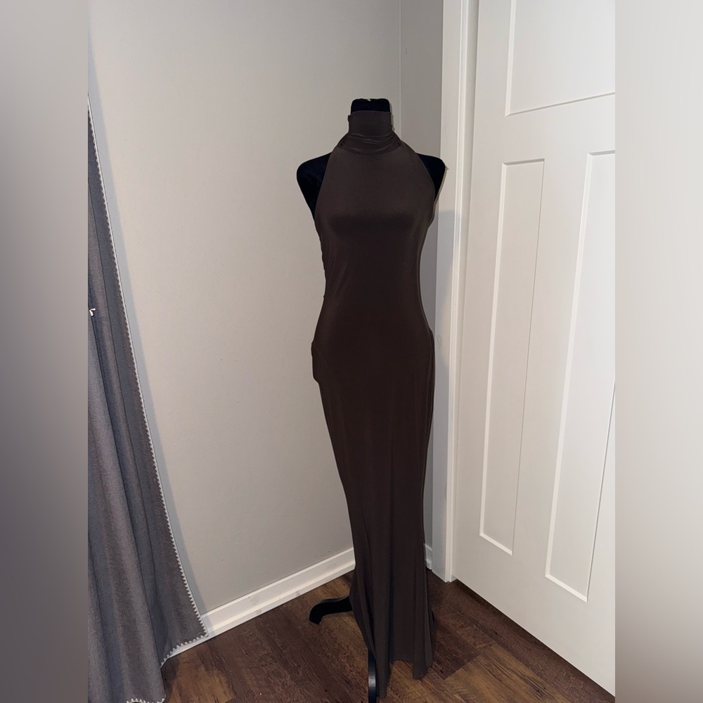 Norma Kamali HALTER TURTLE FISHTAIL GOWN XS Chocolate Brown Dress - Picture 2 of 6